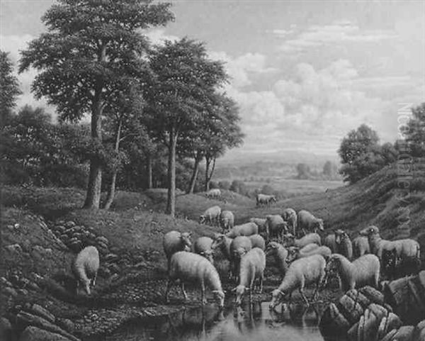 Landscape With Sheep Grazing And Watering Oil Painting by Levi Wells Prentice