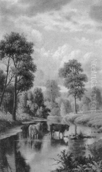 Cows In A Stream Oil Painting by Levi Wells Prentice