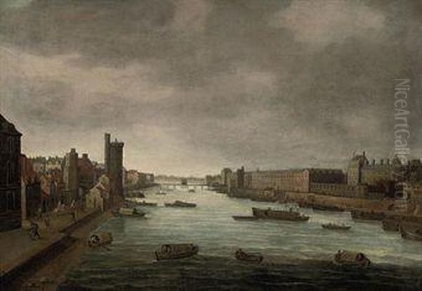 The Seine, Paris, Looking Towards The Louvre From The Pontneuf Oil Painting by Cornelis Bol