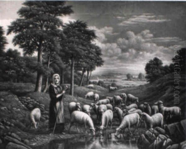 Girl With Sheep In A Landscape Oil Painting by Levi Wells Prentice