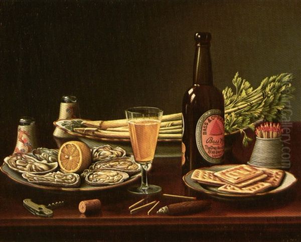 Still Life With Bass Ale And Oysters Oil Painting by Levi Wells Prentice