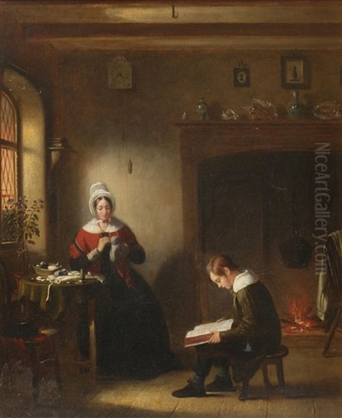 Interior Med Syende Kvinne Og Lesende Gutt Oil Painting by Edward Prentis