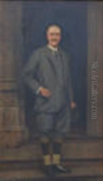 Full Length Portrait Of John Stanhope Arkwright (1872-1954) Standing In The Doorway Of Kinsham Court Herefordshire Oil Painting by Charles Prescott