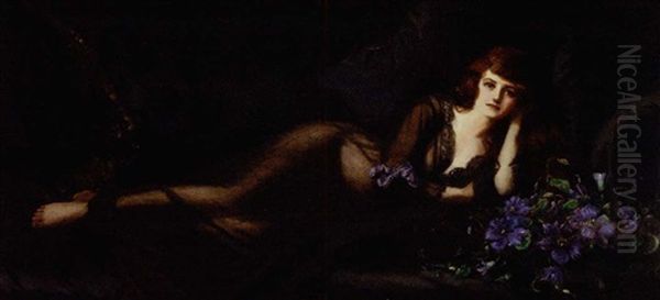 Portrait Of A Lady Wearing A Black Lace Trimmed Nightdress Reclining On A Divan Oil Painting by Charles Prescott