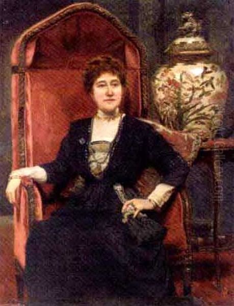 Portrait Of A Lady Wearing A Black Dress With Sequins And Jewellery, An Orientalist Urn On A Table Beyond by Charles Prescott