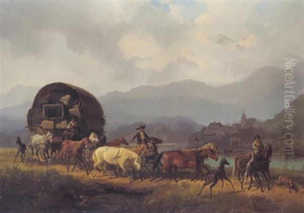 Der Wanderzirkus Am Weg In Die Stadt Oil Painting by Johann Erdmann Gottlieb Prestel