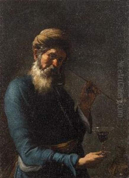 Uomo Con Pipa E Bicchiere Oil Painting by Gregorio Preti