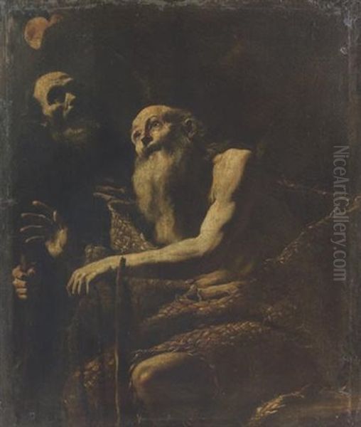 La Visita Di Sant'antonio A San Paolo Eremita, E Il Miracolo Del Corvo Oil Painting by Mattia Preti