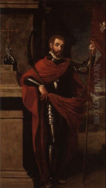 A Warrior Martyr Standing By An Ornamental Cross On A Pedestal Oil Painting by Mattia Preti