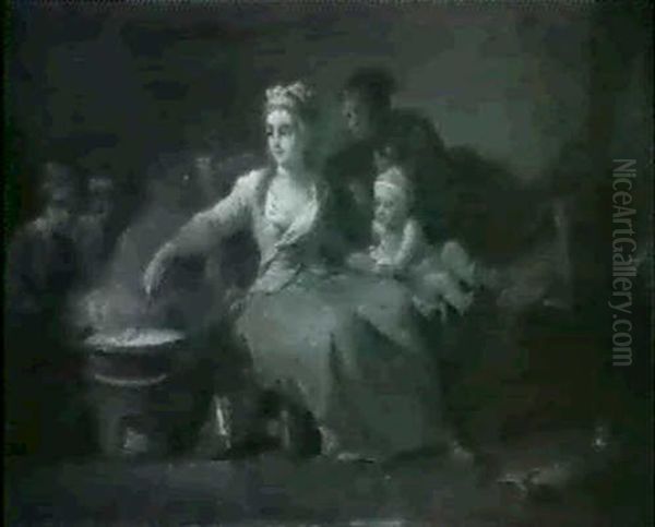 A Mother Seated On The Ground Surrounded By Her Children In An Interior; And A Mother Seated Before A Stove With Her Oil Painting by Jean Preudhomme