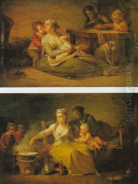 A Mother Seated On The Ground Surrounded By Her             Children In An Interior Oil Painting by Jean Preudhomme