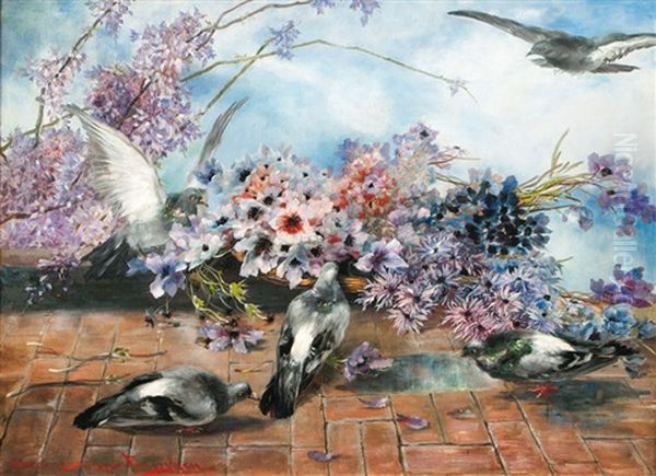 Anemones And Pigeons Oil Painting by Hermione von Preuschen