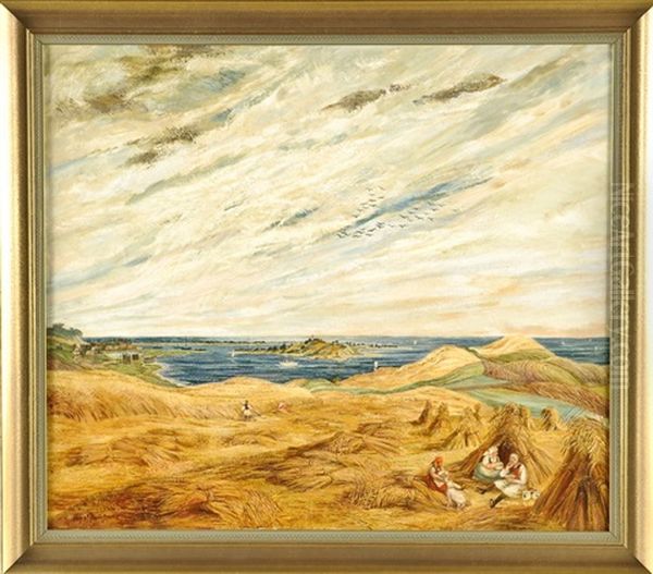 Heuernte Mit Rastenden Bauern Und Ausblick Aufs Meer Oil Painting by Else Preussner