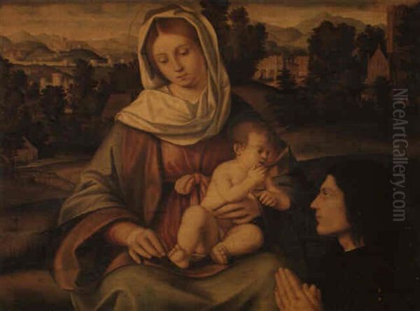 The Madonna And Child In A Landscape With A Kneeling Donor Oil Painting by Andrea Previtali