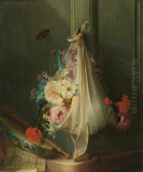 Bouquet De Fleurs, Tambourin Et Flute Oil Painting by Jean Jacques Prevost the Elder