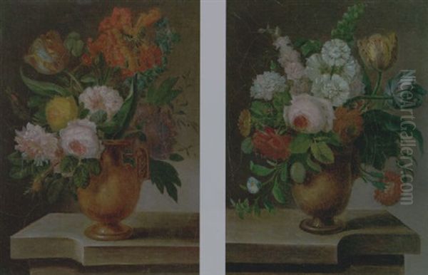 Still Life Of Roses, Tulips, Stocks, Carnations, Convulvuli And Other Flowers In A Terracotta Urn, Upon A Stone Ledge Oil Painting by Jean Jacques Prevost the Elder