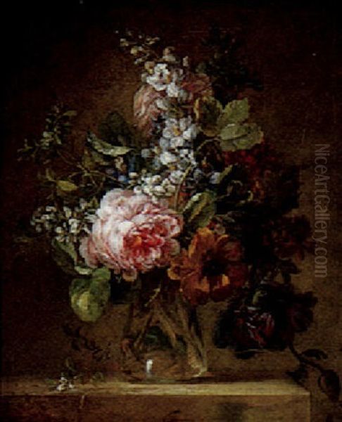 A Still Life Of Various Flowers In A Glass Vase, On A Stone Ledge Oil Painting by Jean Jacques Prevost the Elder