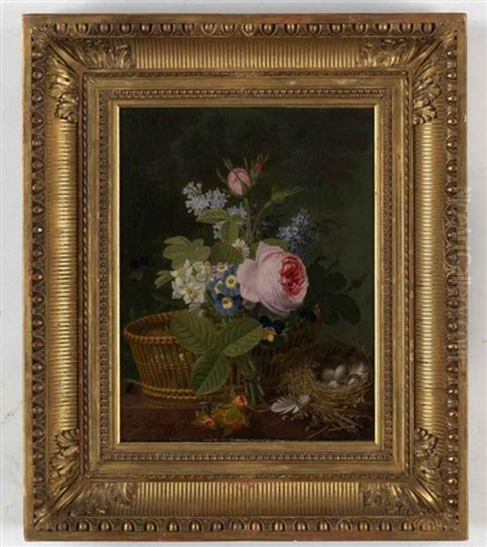 Still-life With A Bouquet Of Flowers And A Bird's Nest With Eggs Oil Painting by Jean Louis Prevost