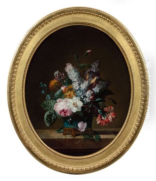 Bouquet De Fleurs Dans Un Vase En Porcelaine De Chine Bleu Monte En Bronze Dore Oil Painting by Jean Louis Prevost