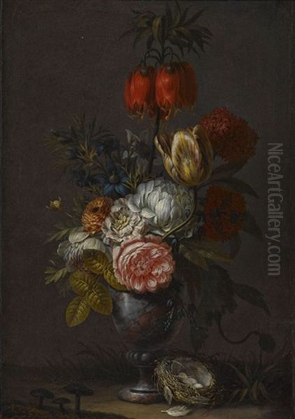 Blumenstillleben Mit Vogelnest Und Pilzen Oil Painting by Jean Louis Prevost