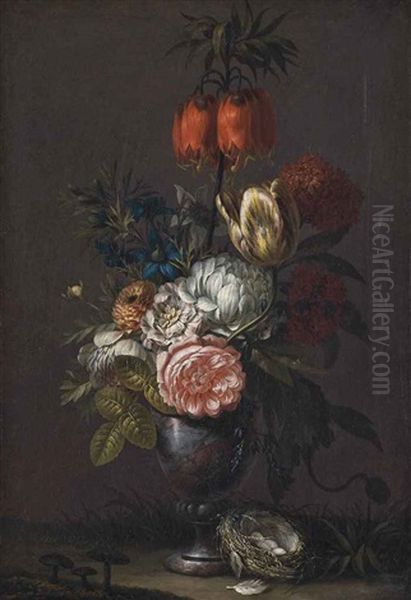 A Rose, A Parrot Tulip And Other Flowers In A Sculpted, In A Landscape With A Nest Oil Painting by Jean Louis Prevost