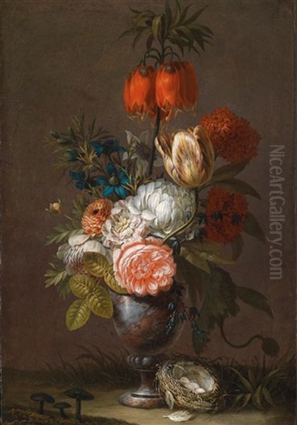 Ein Elegantes Blumenstillleben Mit Pilzen Und Einem Vogelnest Oil Painting by Jean Louis Prevost