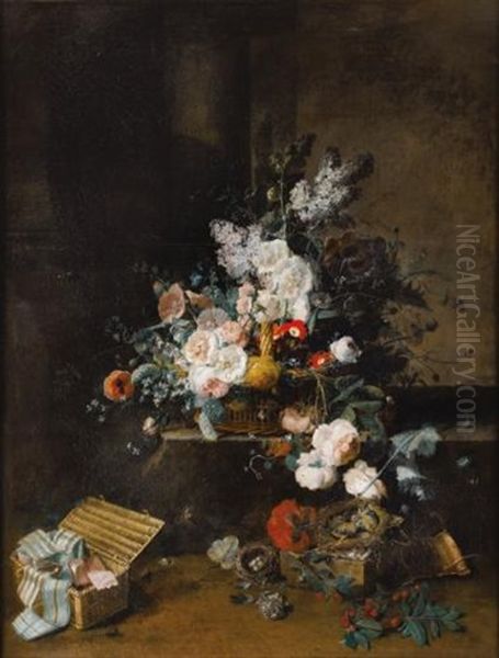 Nature Morte Au Panier De Fleurs Et A La Boite A Rubans Oil Painting by Jean Louis Prevost