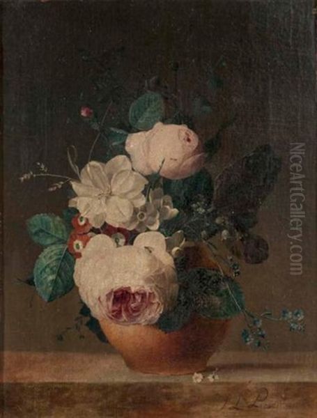 Bouquet De Roses, Muguet, Myosotis, Aubepine Dans Un Vase Sur Un Entablement Oil Painting by Jean Louis Prevost