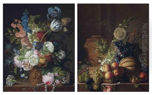 Roses, Tulips, Irises And Other Flowers In A Terracotta Vase On A Ledge With A String Of Pearls And A Jewerly Box (+ Another, 2 Works) by Jean Louis Prevost