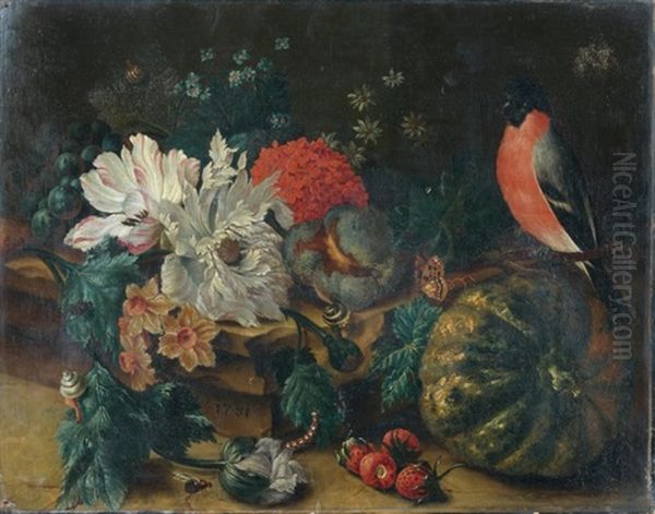 Nature Morte Aux Fleurs, Oiseau Et Potiron Oil Painting by Jean Louis Prevost