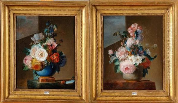 Vase De Fleurs Sur Un Entablement (+ Another; Pair) Oil Painting by Jean Louis Prevost