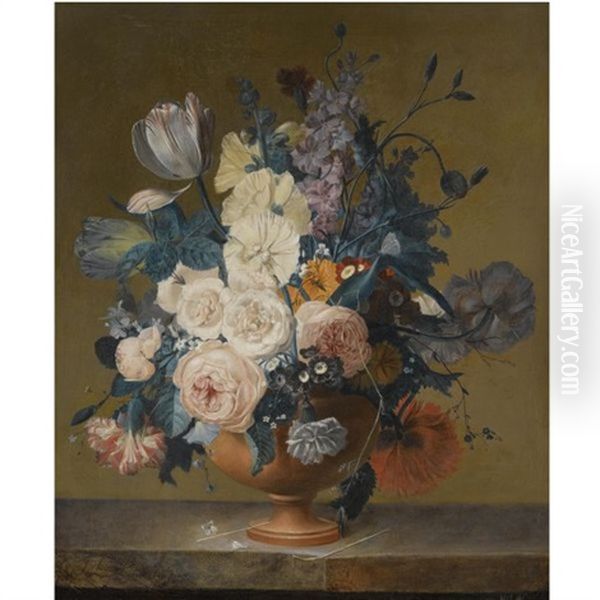 A Still Life Of Roses, Tulips, Peonies, Stocks, Carnations, Poppies And Other Flowers In A Terracotta Vase On A Marble Ledge Oil Painting by Jean Louis Prevost