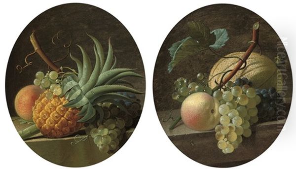 A Pineapple, Grapes, And A Peach (+ A Melon, Grapes, And A Peach On A Stone Ledge; Pair) Oil Painting by Jean Louis Prevost