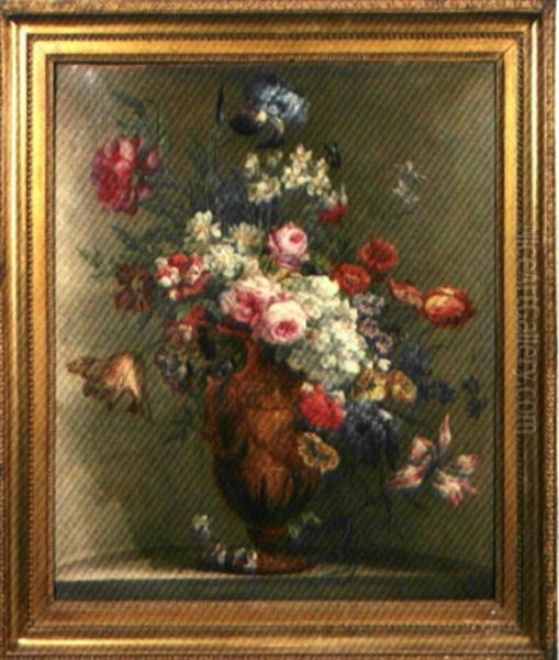 Nature Morte Au Bouquet De Fleurs Pose Sur Un Entablement Oil Painting by Jean Louis Prevost