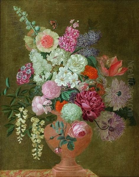 Bouquet De Fleurs Dans Un Vase Sculpte Sur Un Entablement De Marbre Oil Painting by Jean Louis Prevost