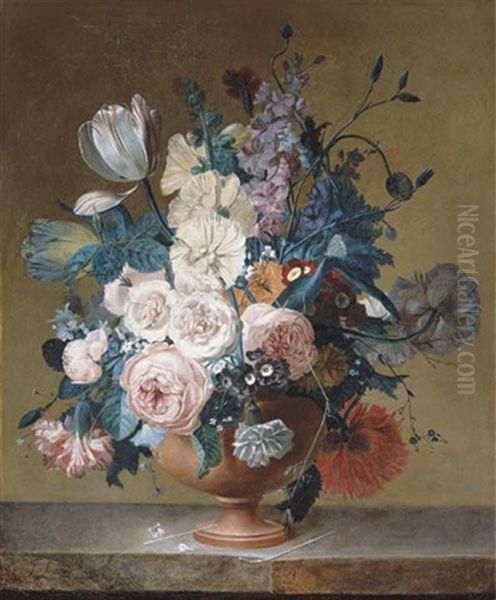 Roses, Tulips, Peonies, Stocks, Carnations, Poppies And Other Flowers In A Terracotta Vase On A Marble Ledge Oil Painting by Jean Louis Prevost