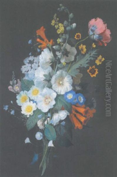 A Bouquet Of Hollyhocks, Poppies, Morning Glory, Phlox, Campanula, Antirrhinum, Harebells And Other Flowers Oil Painting by Jean Louis Prevost