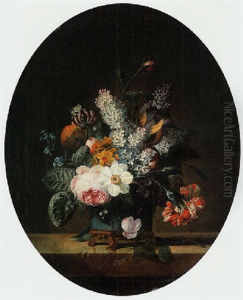 Roses, Lilacs, Parrot Tulips, Narcissi, A Daffodil, A Carnation And Other Flowers In An Ormolu-mounted Vase, On A Ledge Oil Painting by Jean Louis Prevost