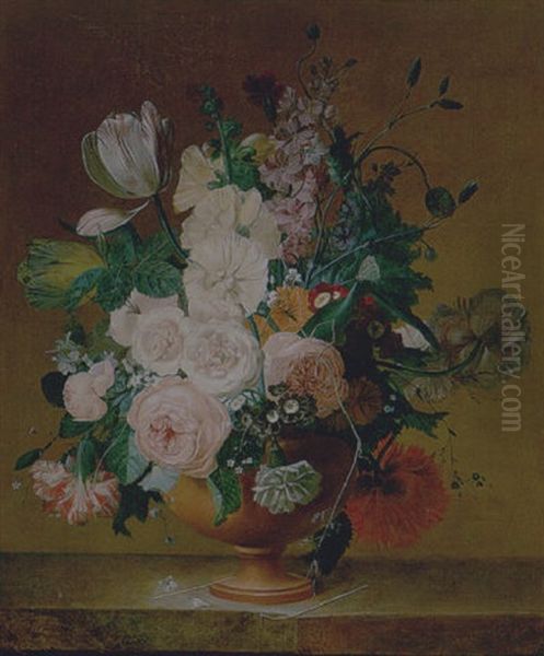 Still Life Of Roses, Tulips, Peonies, Stocks, Carnations, Poppies And Other Flowers In A Terracota Vase, Resting On A Ledge Oil Painting by Jean Louis Prevost