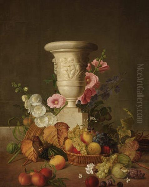 Stilleben Mit Fruchten, Bluhenden Malven, Rittersporn Und Skulptierter Vase Oil Painting by Jean Louis Prevost