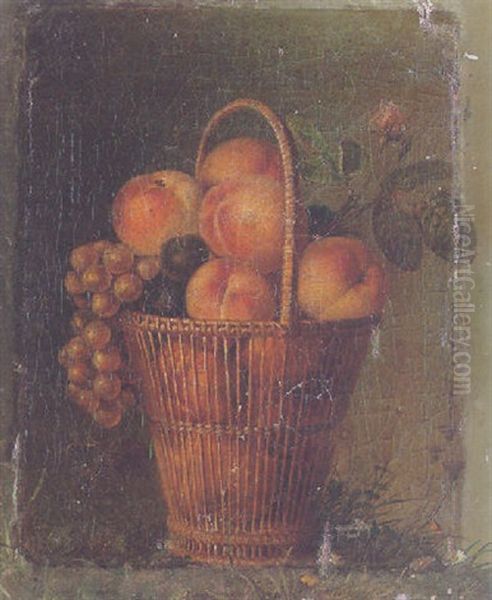 Still Life Of Peaches, Plums, Grapes And A Rose In A Wicker Basket Oil Painting by Jean Louis Prevost