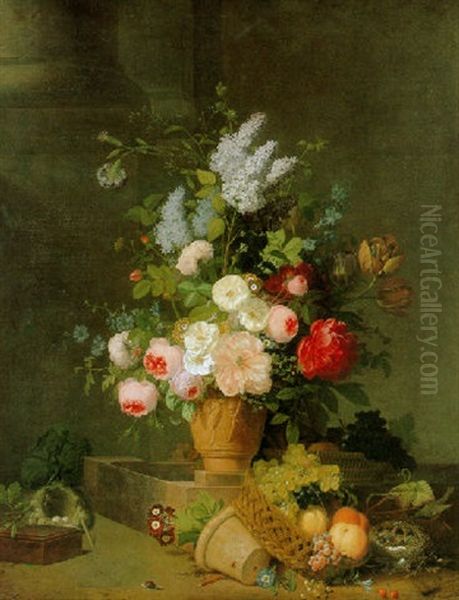 Still Life Of Lilacs, Roses, Peonies, Tulips And Other Flowers In An Urn Resting On A Plinth With A Basket Of Fruit Oil Painting by Jean Louis Prevost