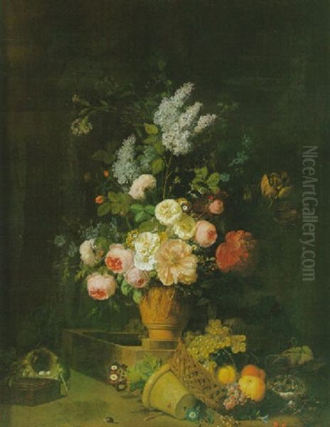 Nature Morte Au Bouquet De Fleurs Dans Un Vase Orne De Bas-relief Et Corbeille De Fruits Oil Painting by Jean Louis Prevost