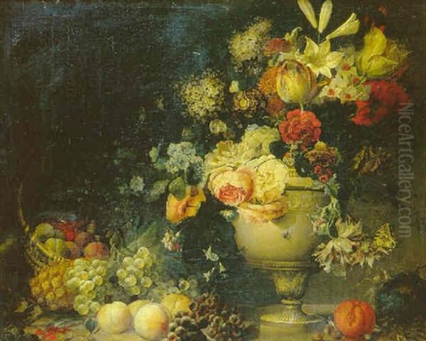 Nature Morte Au Vase De Fleurs Et Corbeille De Fruits Sur Un Entablement Oil Painting by Jean Louis Prevost