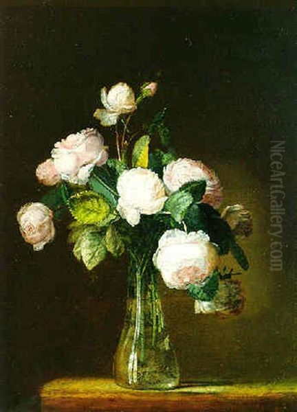 Still Life Of Roses In A Glass Vase On A Stone Ledge Oil Painting by Jean Louis Prevost