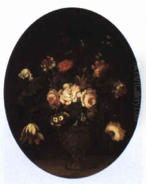 Still Life Of Flowers In A Vase On A Ledge by Jean Louis Prevost