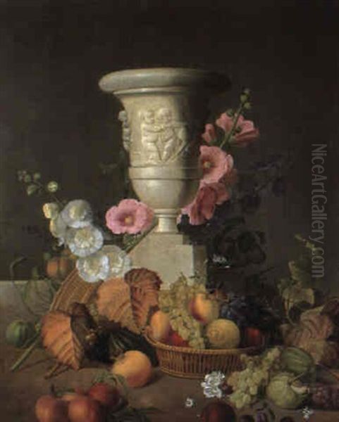 Still Life With Baskets Of Fruit And Flowers And A Stone Urn Oil Painting by Jean Louis Prevost