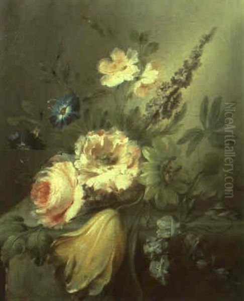 Still Life With Roses And Other Flowers On A Stone Ledge Oil Painting by Jean Louis Prevost