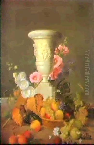 Nature Morte Au Panier De Fruits Et Branche De Fleurs       Entourant Une Urne A Decor De Putti En Bas-relief Oil Painting by Jean Louis Prevost