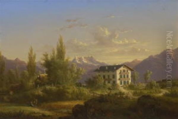 Schweizer Gebirgslandschaft Mit Bauernhaus Oil Painting by Nicolas Louis Andre Prevost